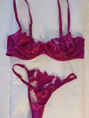Sheer Floral Embroidered Bra & Thong Set - Magenta